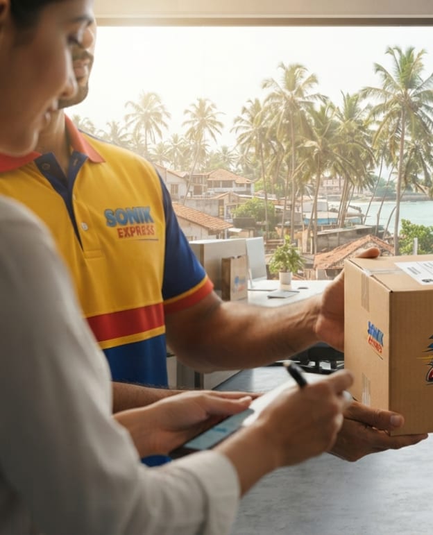 Courier delivering a package to a customer for Sonik Express